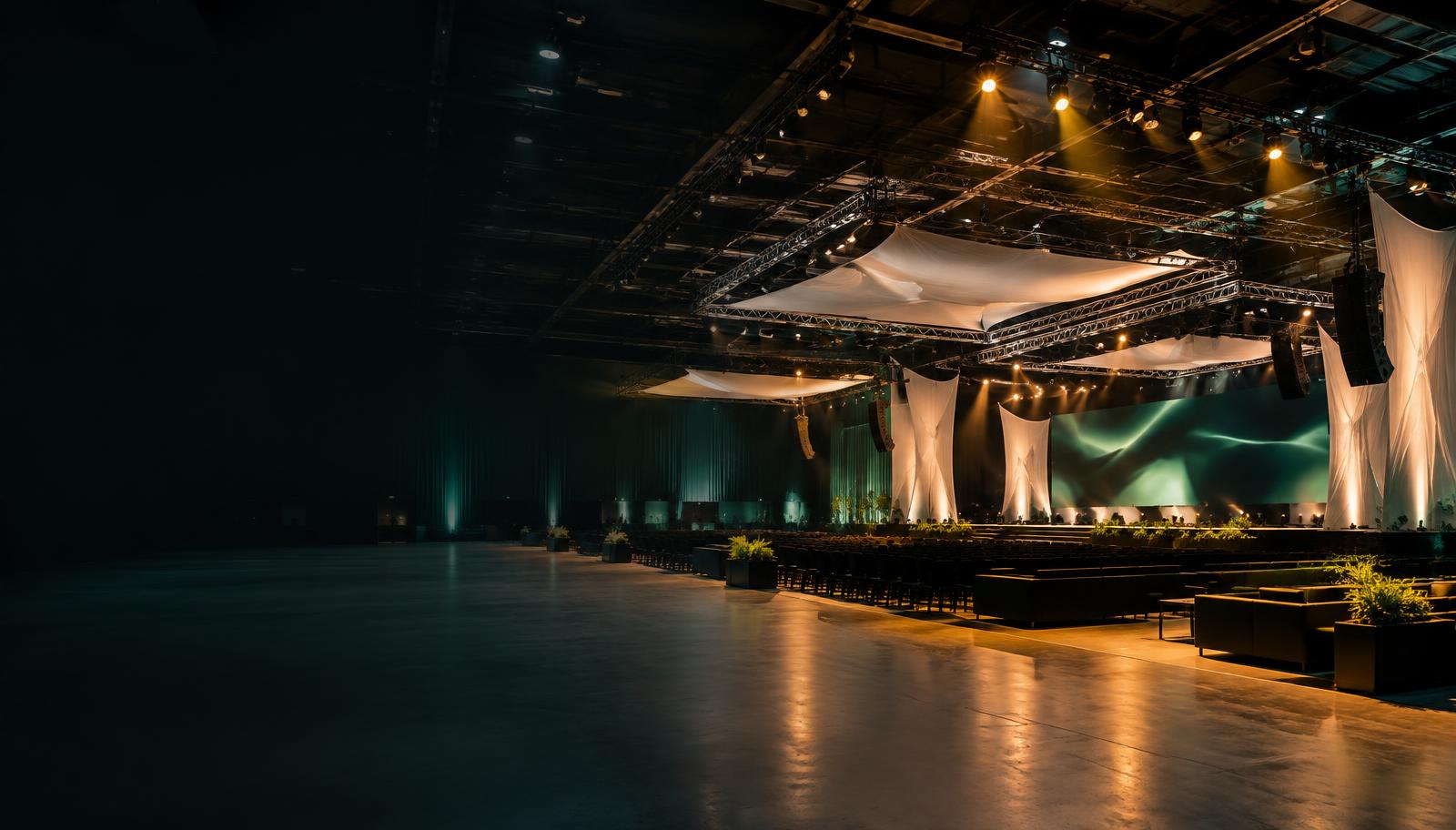 Estrutura de evento preparada em salão de exposições